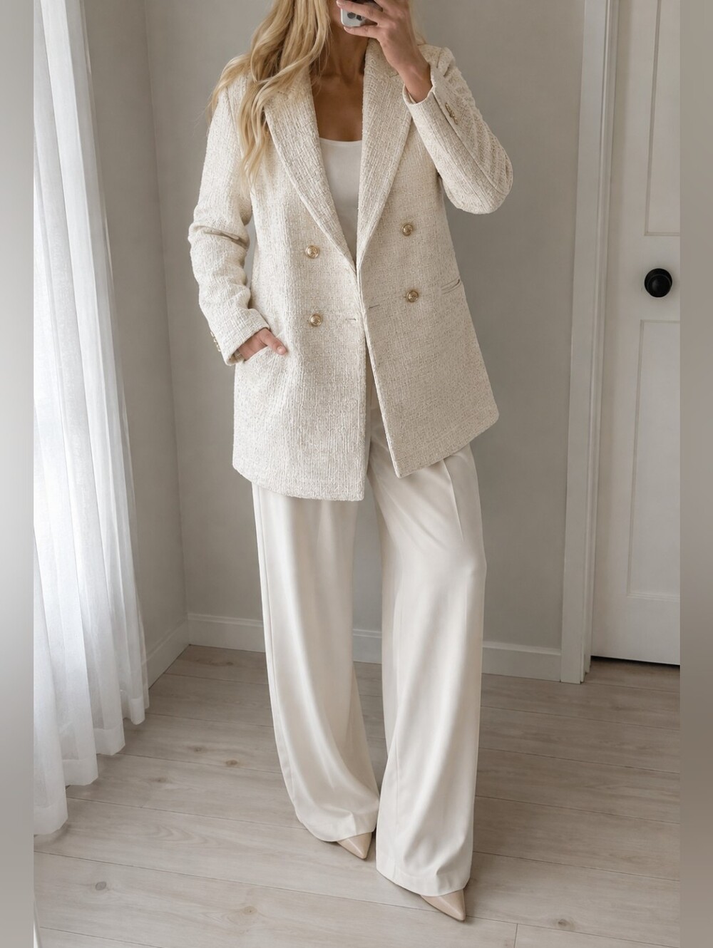 HM Womens Cream Double-Breasted Bouclé Coat Size XL